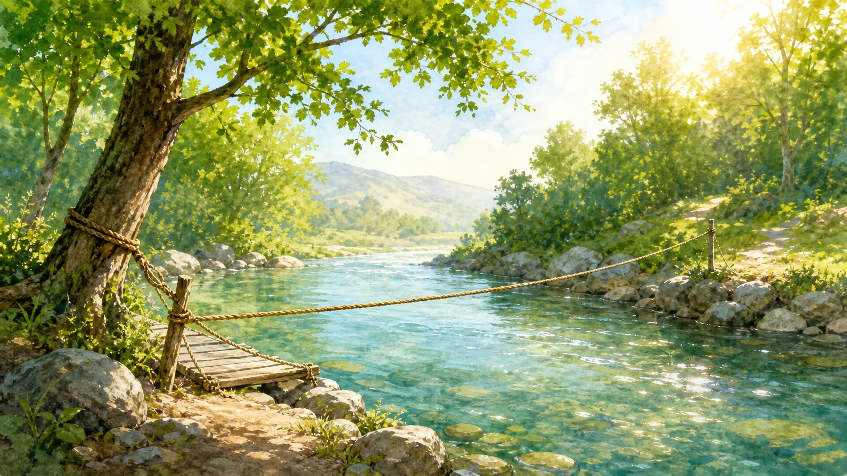 绳索桥从木台跨过清澈的山间河流