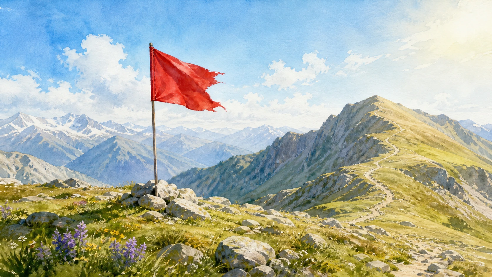 破损的红旗立在开满野花的山脊上，远处群峰连绵