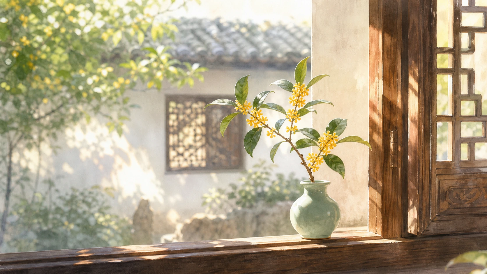 开着黄色小花的桂花枝插在木窗边的浅色陶瓶中