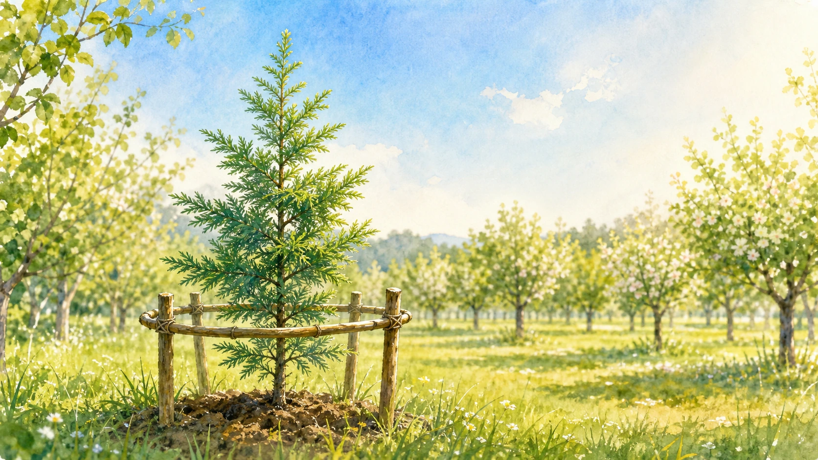 新栽的针叶幼树由木桩围护，后方果园开满白花