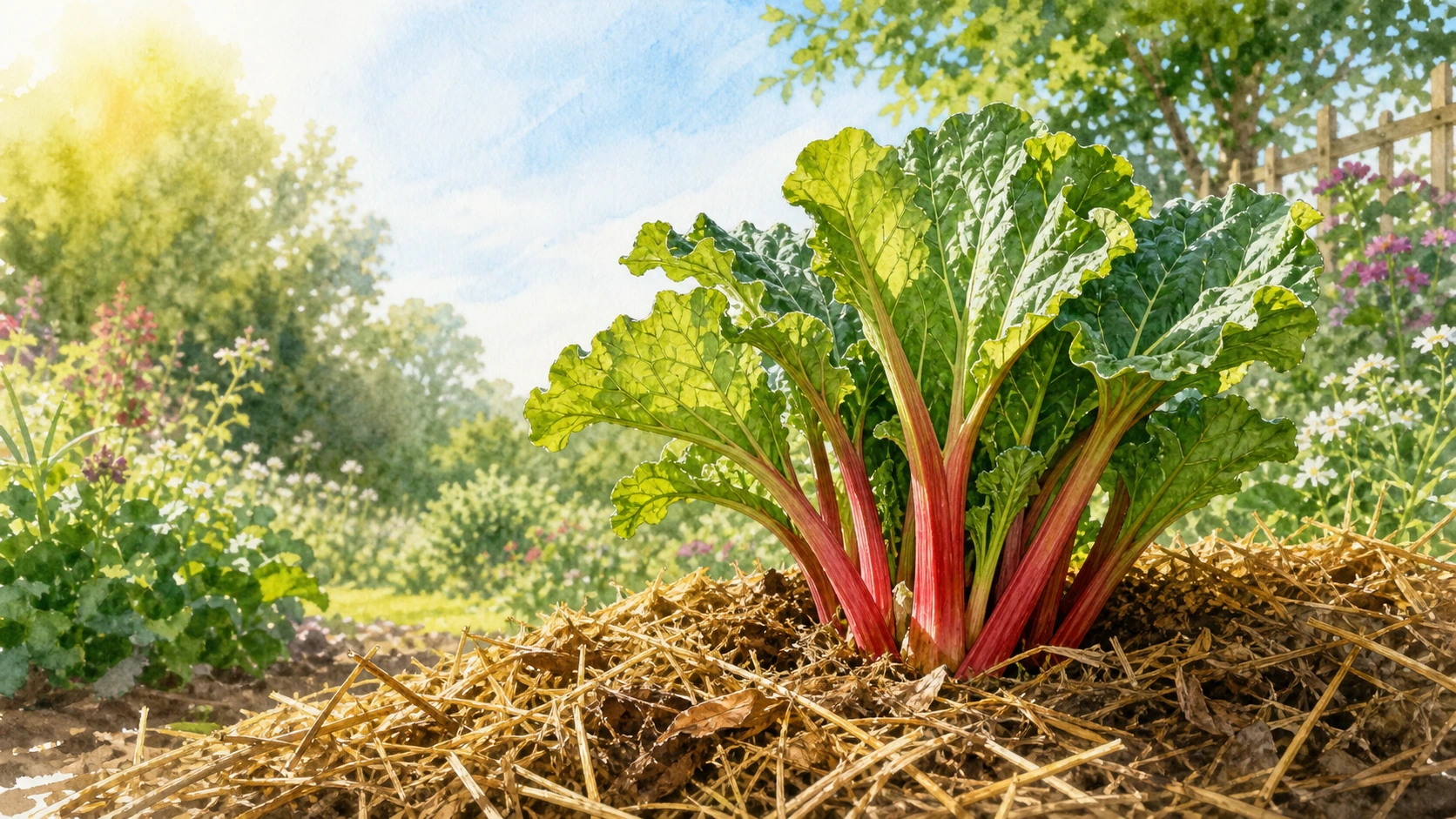 红色叶柄的绿叶蔬菜生长在铺有稻草的花园中