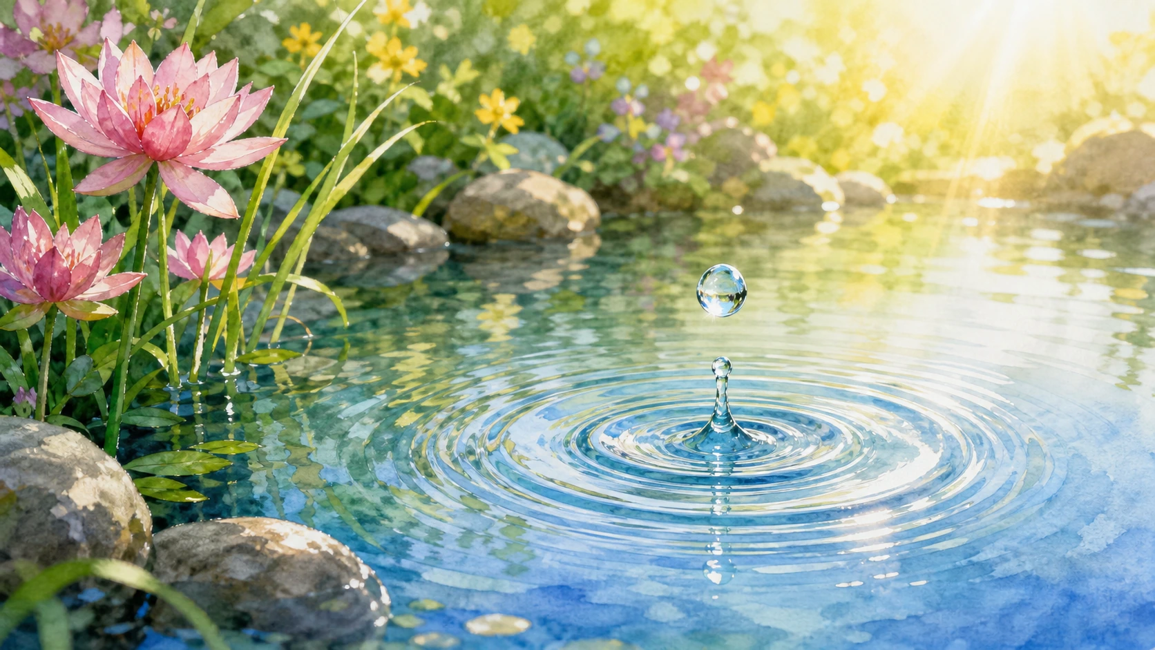 水滴落入粉色睡莲旁的池塘，水面荡开同心波纹