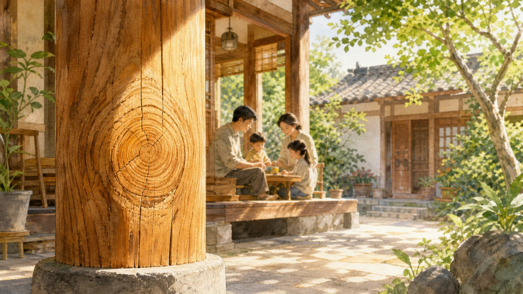 年轮清晰的粗大木柱立在庭院前，后方四人围坐小桌