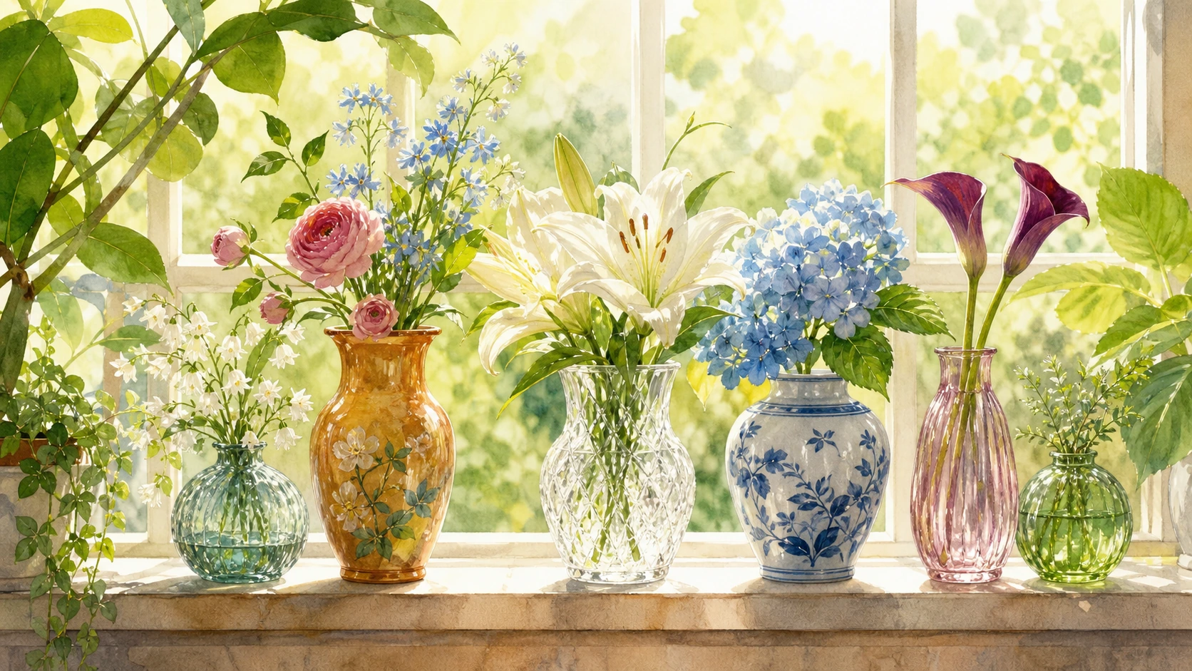 六只不同材质与颜色的花瓶排列在窗台上，插着百合、绣球等鲜花