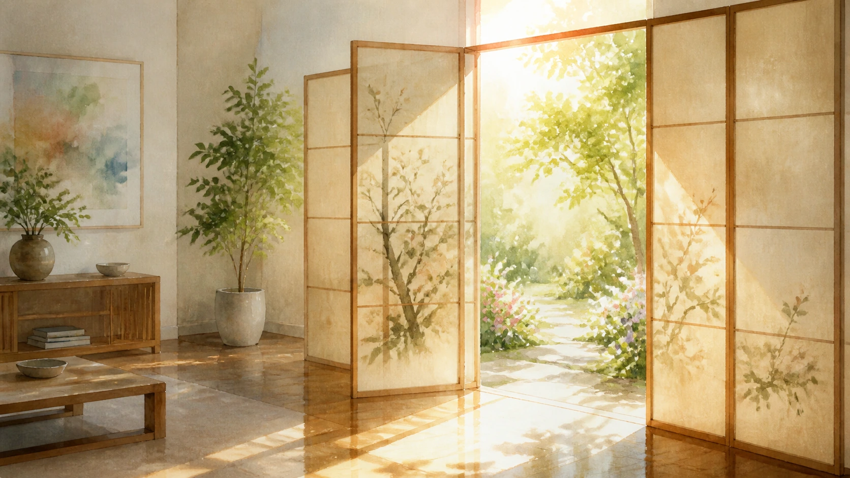 绘有花枝的折叠纸屏门敞开，阳光花园小径映入室内
