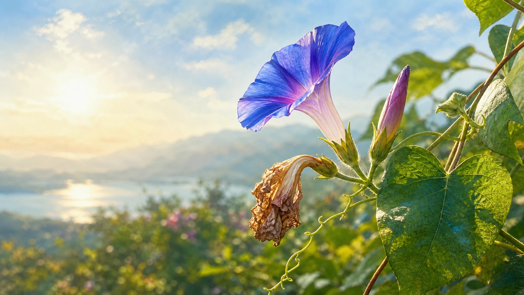 山湖日出前的牵牛花枝上同时有盛开花朵、花苞与枯花