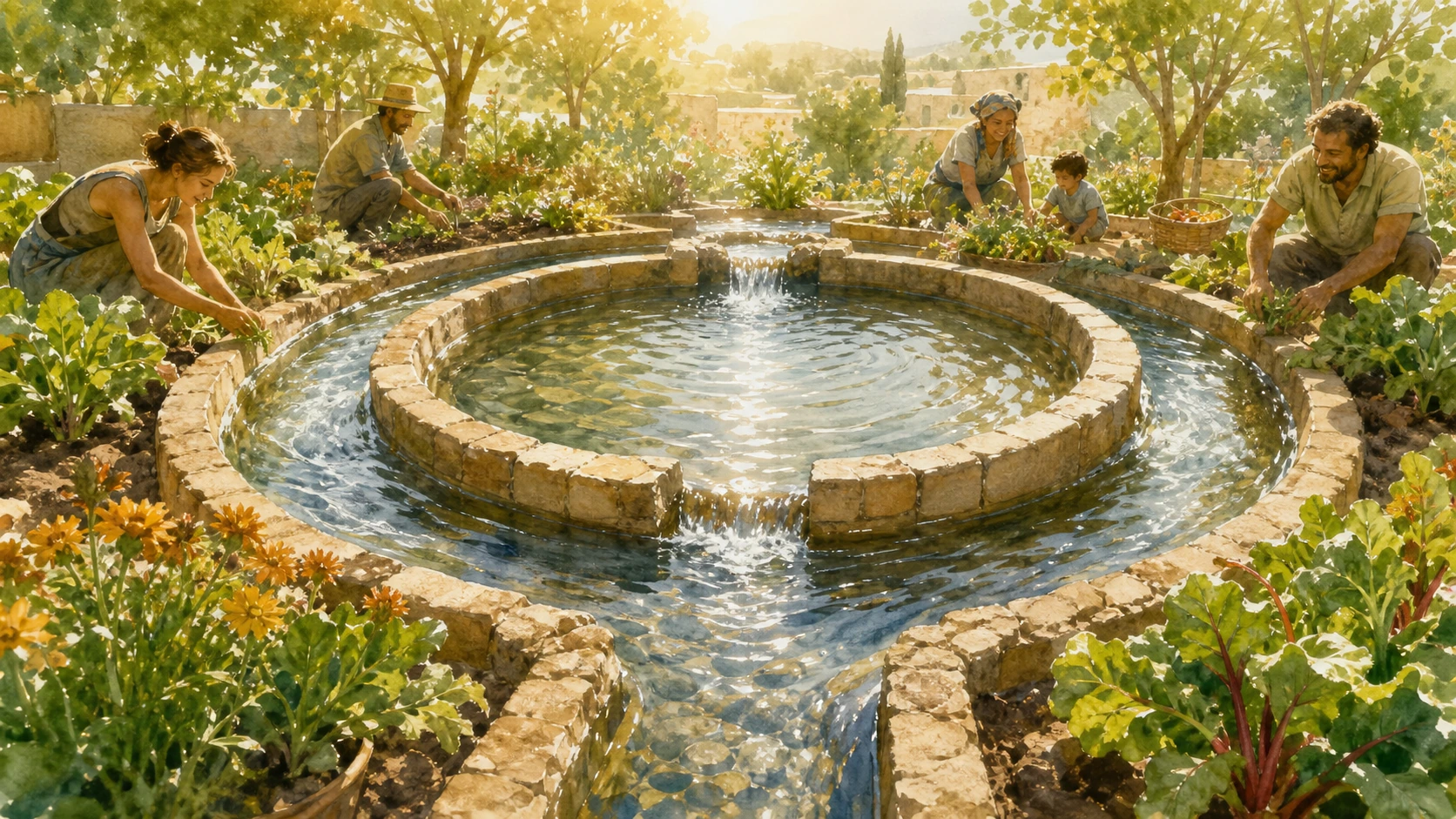 多人围着花园中央的环形石砌水池照料菜地