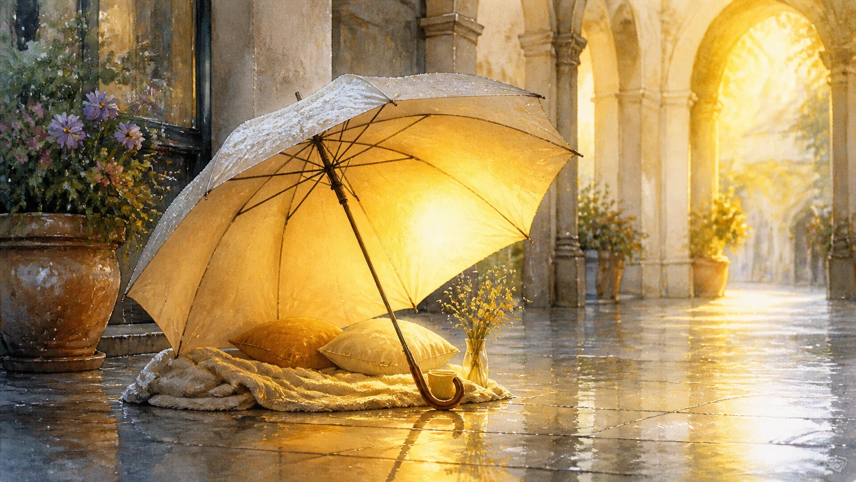 雨后拱廊的湿地面上撑着一把伞，伞下放着毯子与靠垫