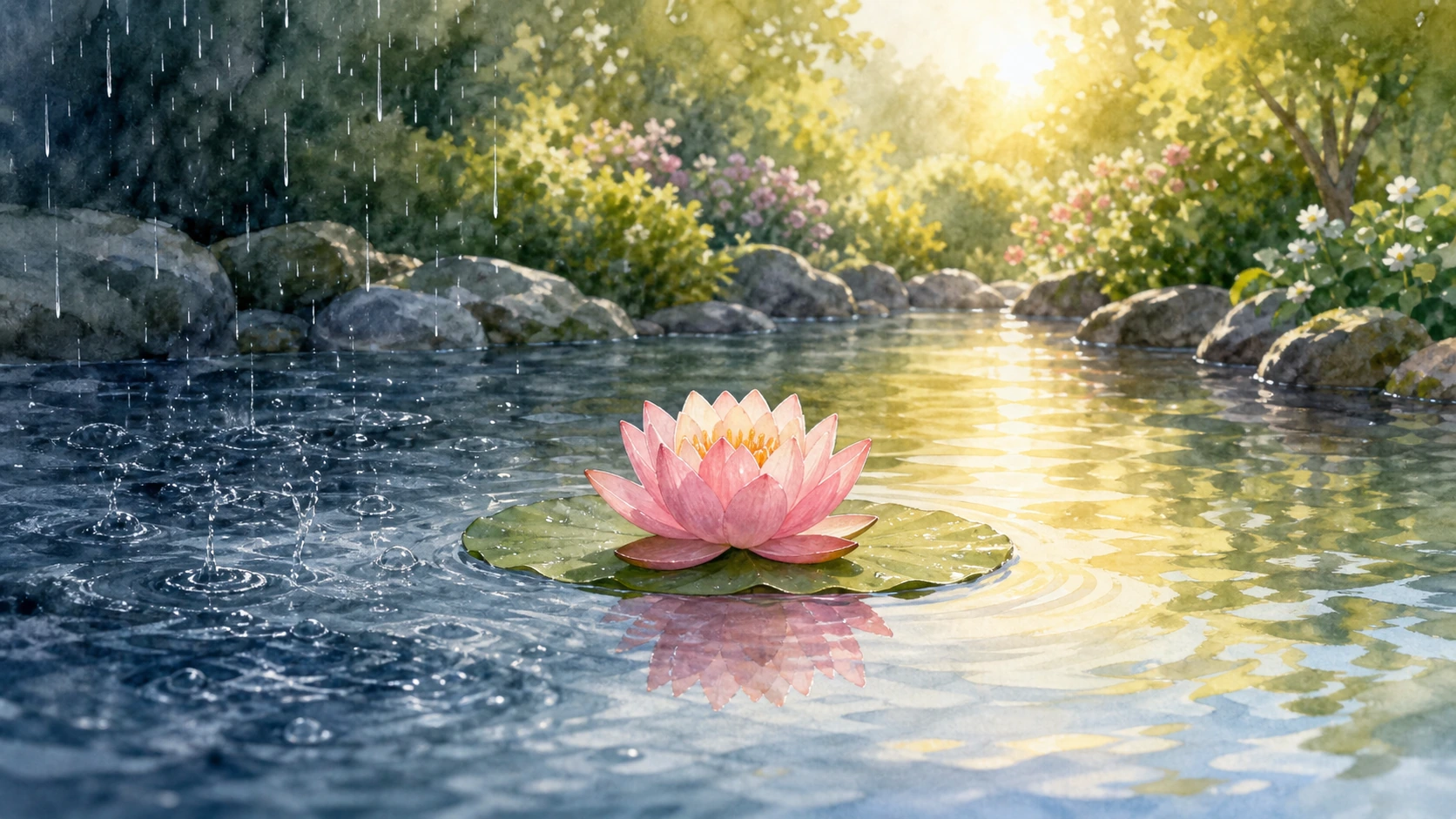 粉色睡莲漂在池塘中央，一侧落雨一侧洒满阳光