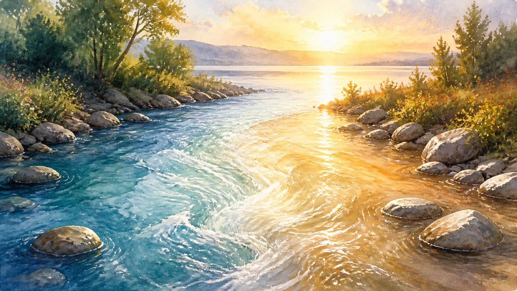 蓝色水流与落日染金的水流在岩石河道中央交汇