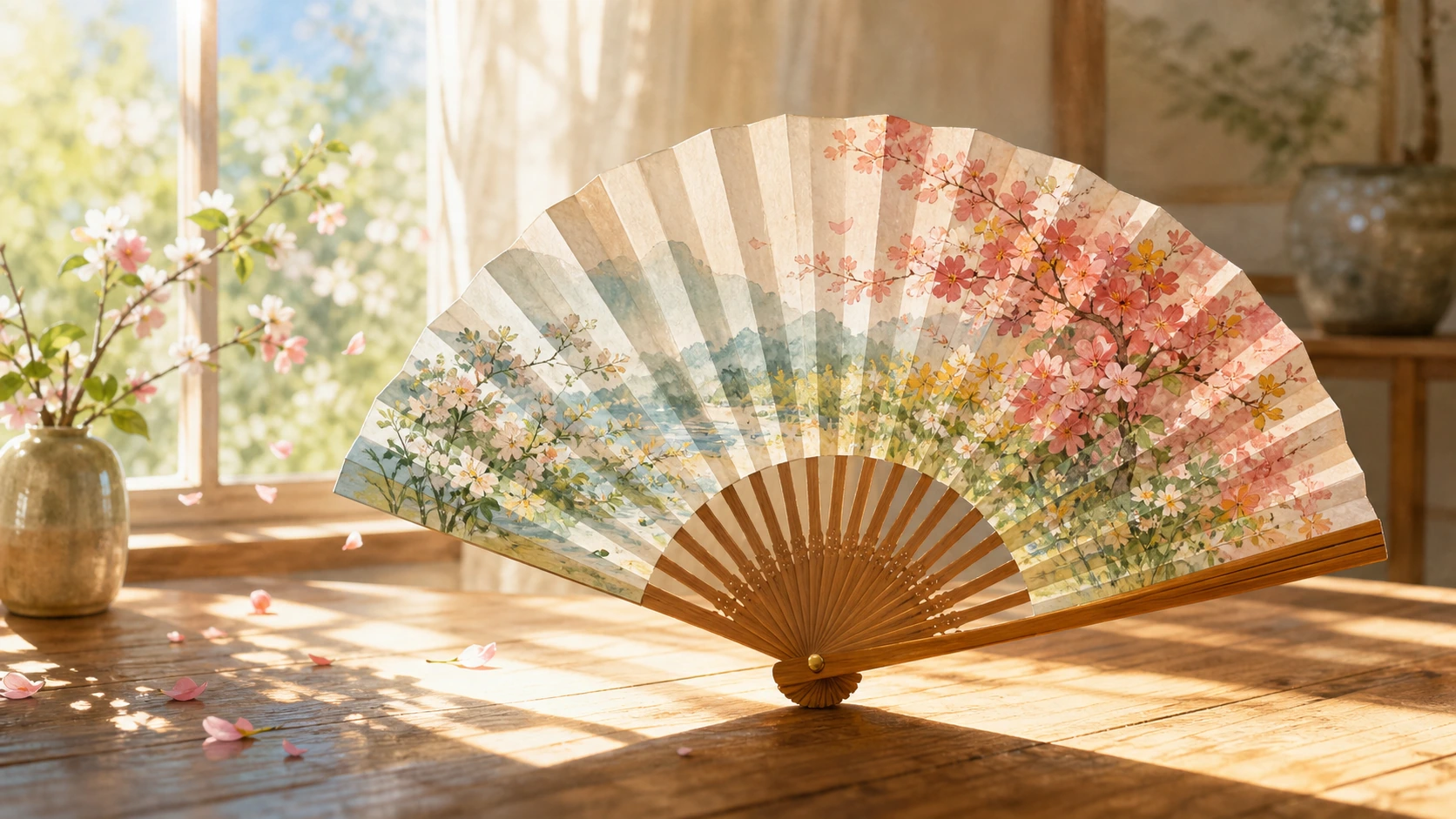 绘有山水与粉白花枝的折扇展开立在阳光木桌上