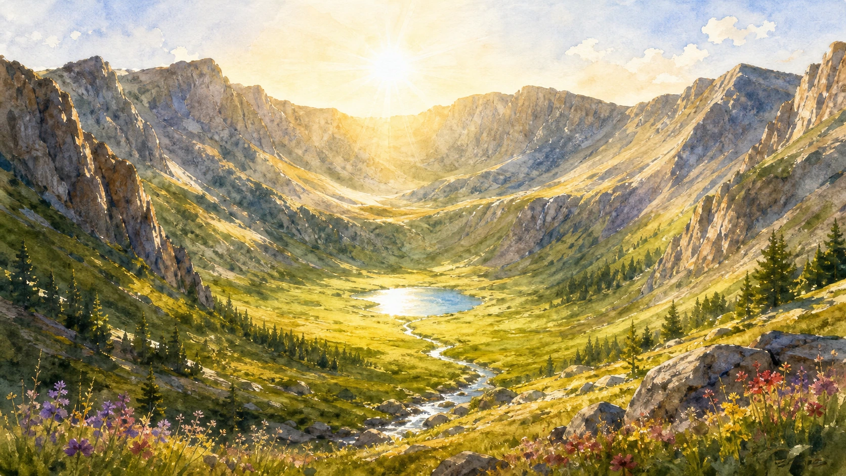 阳光照进群峰环绕的绿色山谷，溪流穿过湖泊与花丛