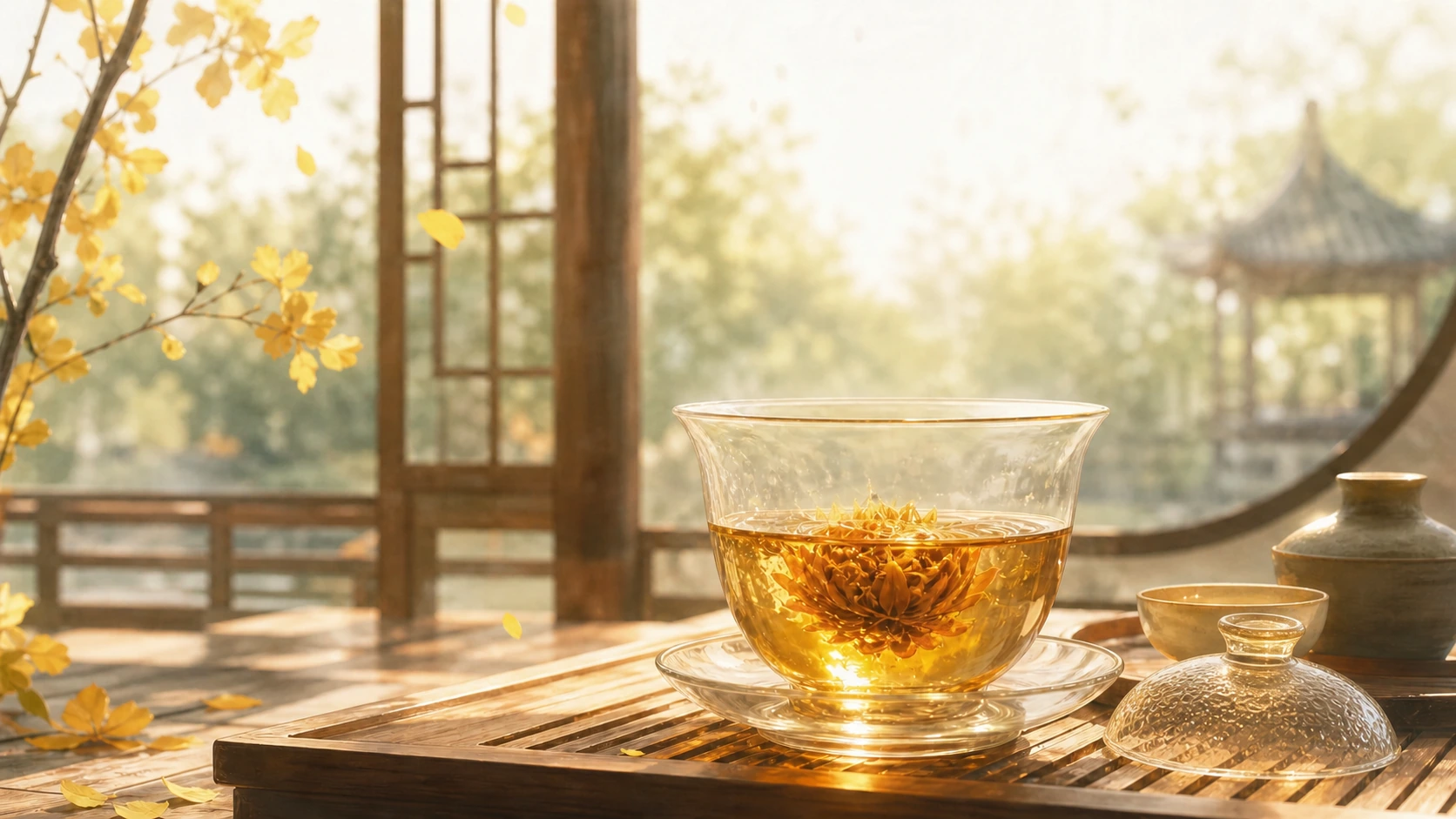 玻璃茶碗中的金色茶汤浸着花朵，旁边是杯盖，窗外可见亭子
