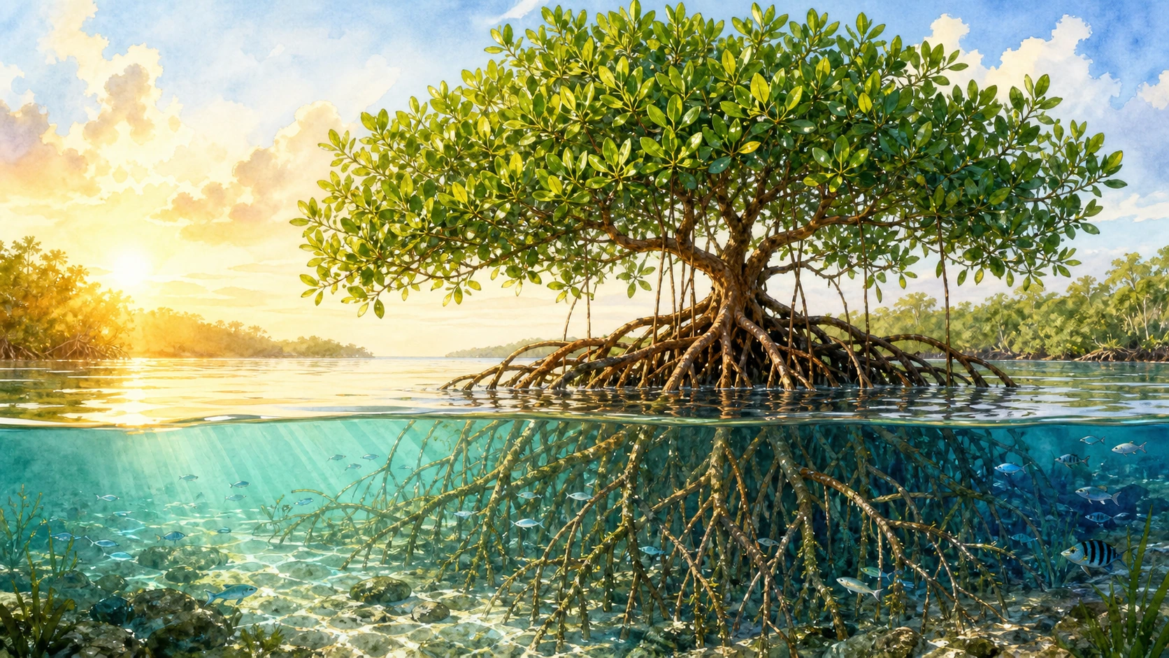 一棵枝叶繁茂的树立在水中，交错根系下可见游鱼与水底石块