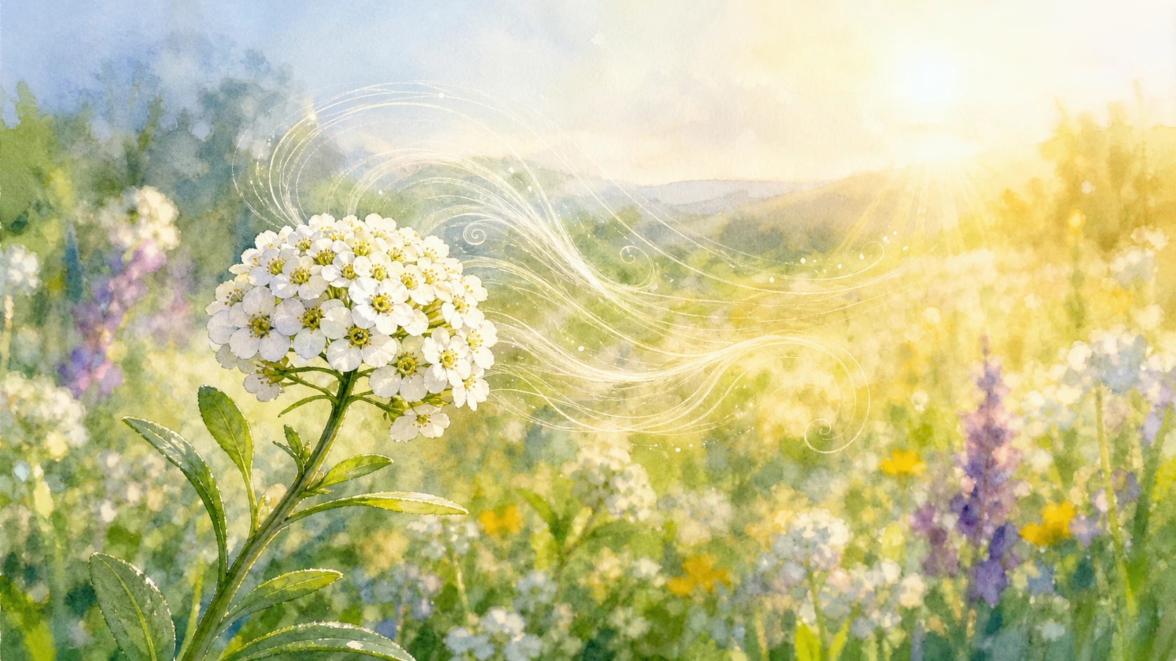 一簇白色小花立在草地中，细白曲线从花旁飘向阳光