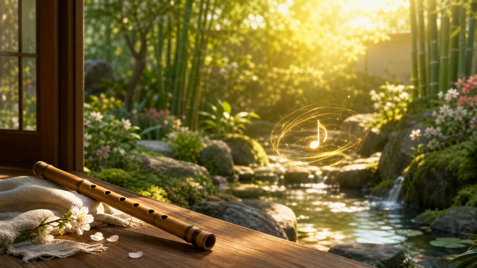 竹笛放在窗边木桌上，花园溪流上方悬着被金色光线环绕的音符