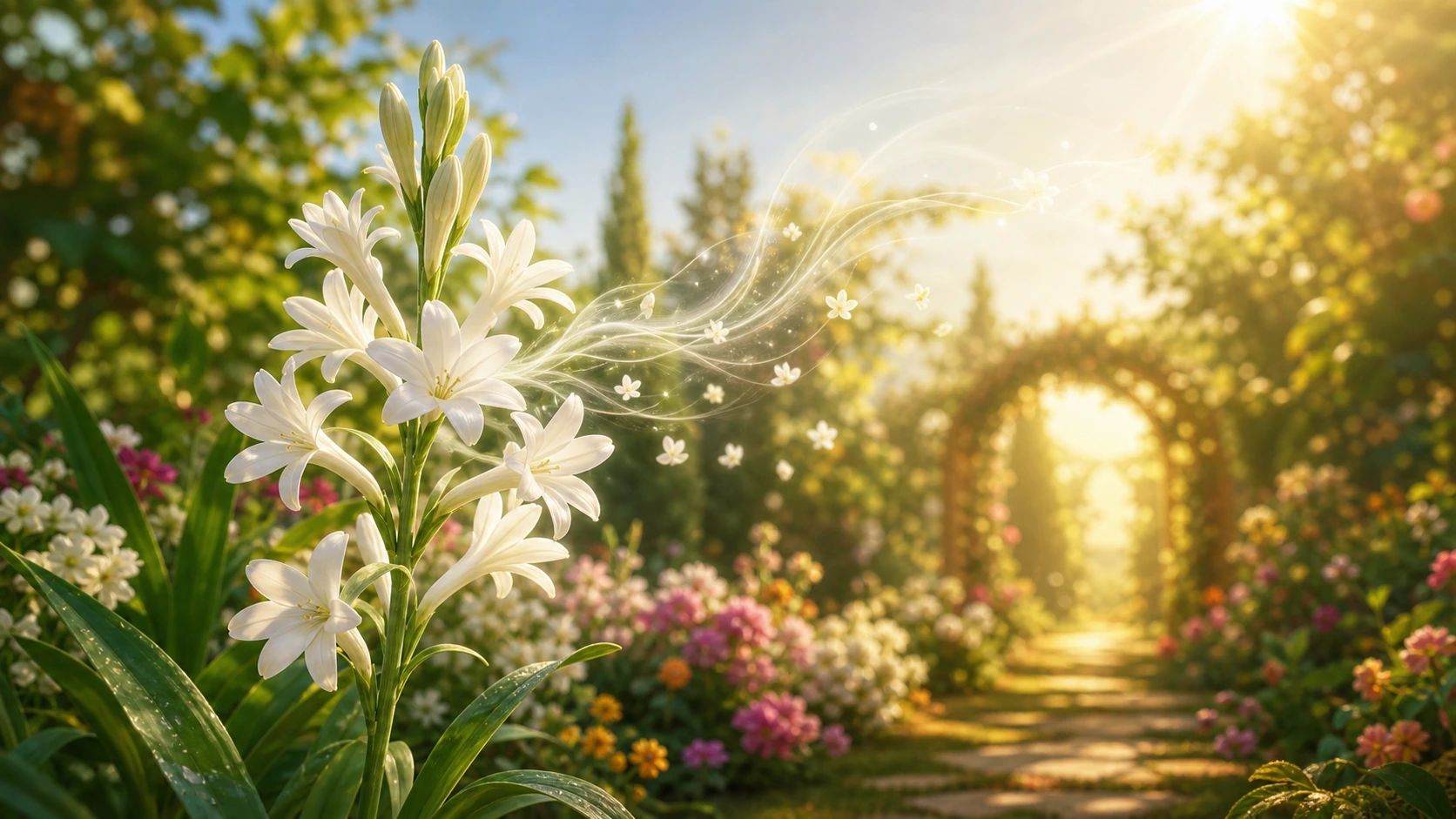 花园中白色花朵沿高高的绿茎盛开，细小花瓣与光带向旁边飘散。