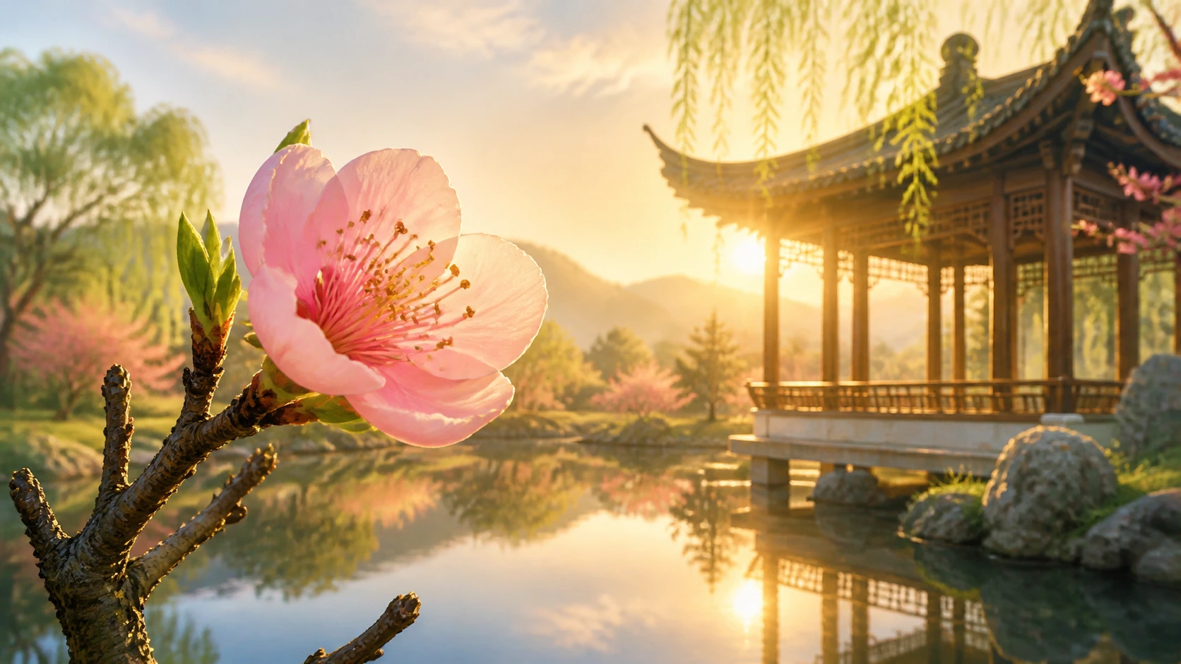 粉色花朵在枝头盛开，后方是夕阳照耀的池塘、垂柳和木亭。