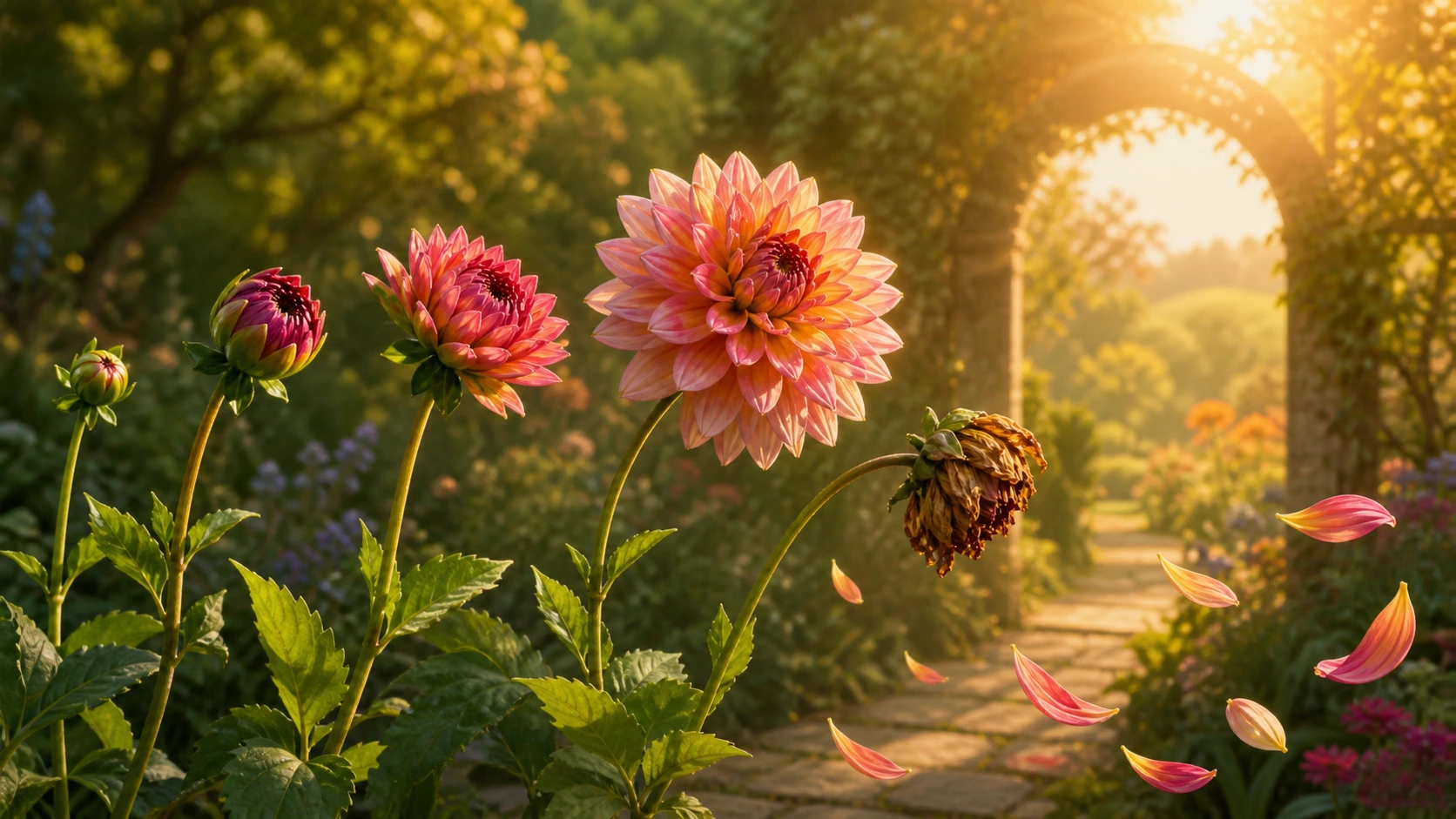 花园中一排粉橙色花朵呈现含苞、盛开和枯萎的不同状态，花瓣飘向石径。