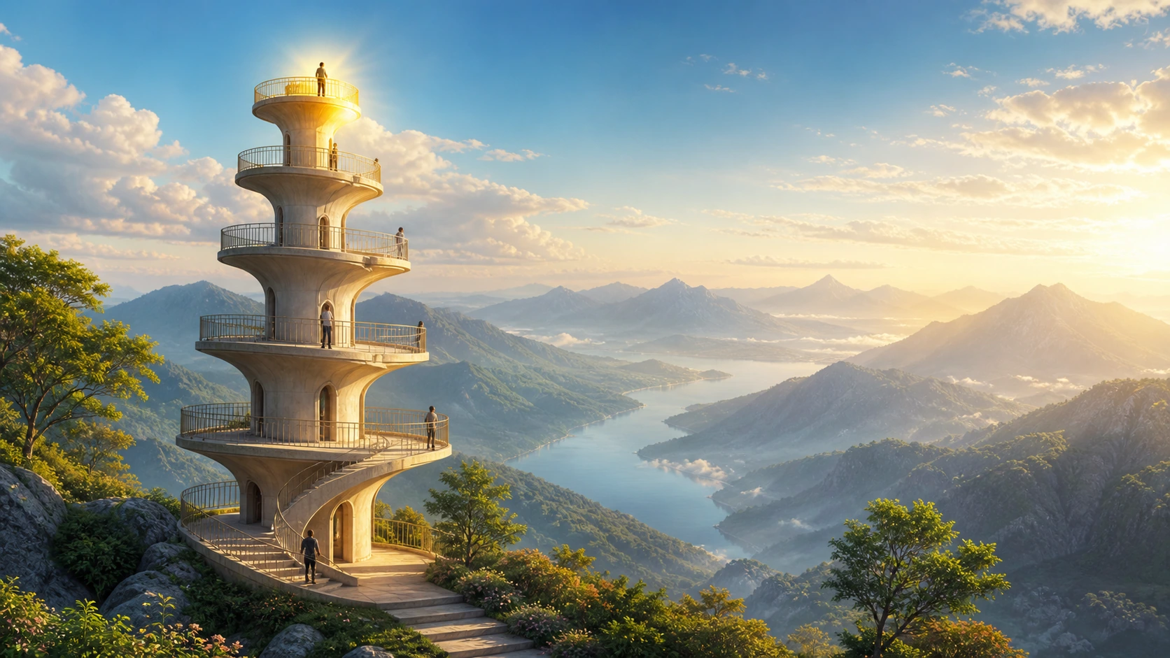 山顶高塔的多层观景平台上站着人，螺旋台阶向上延伸，远处是群山湖泊。