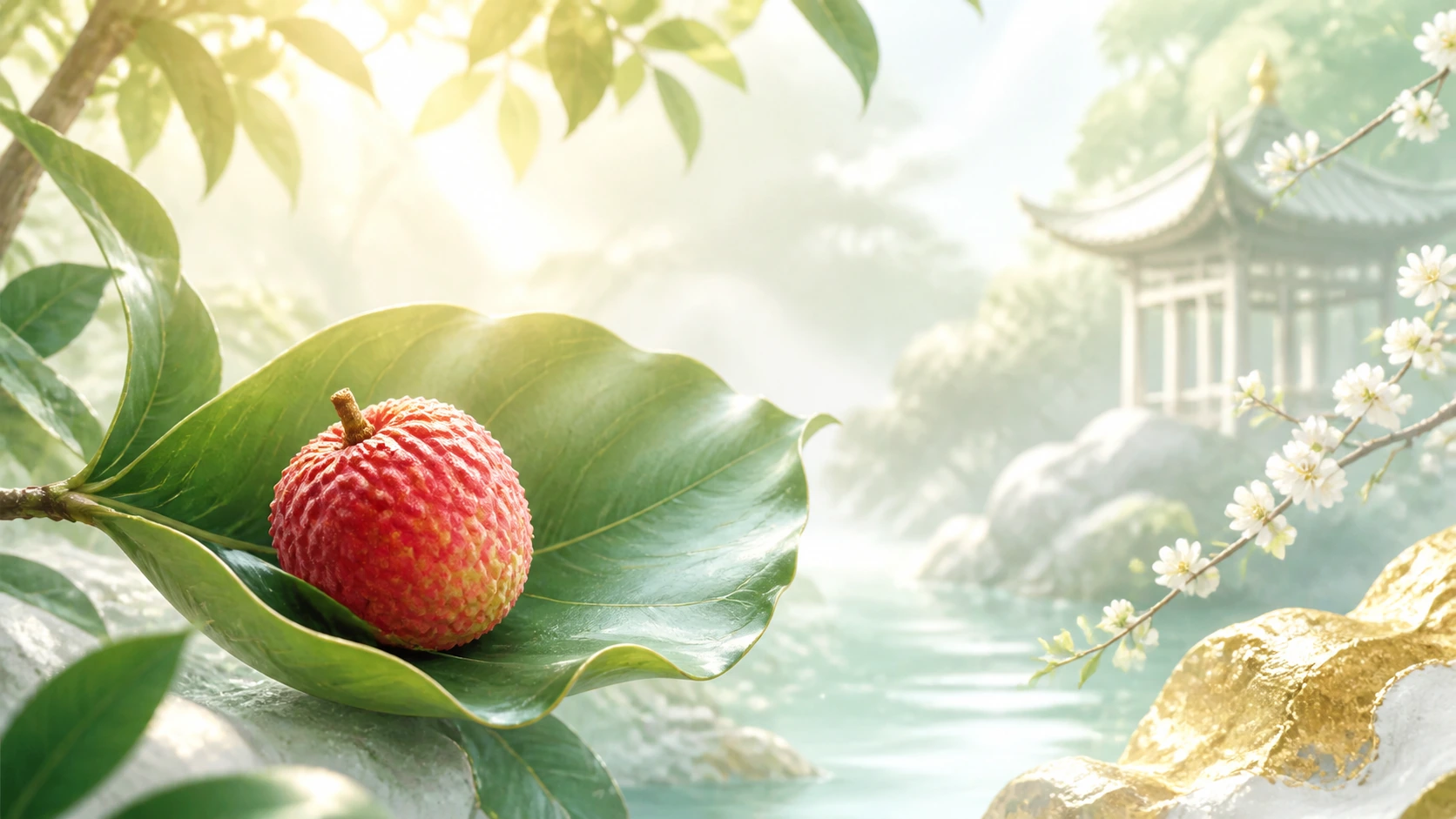 一颗红色荔枝托在弯曲绿叶中，悬在碧绿溪水上方，背景是白花枝与亭阁。