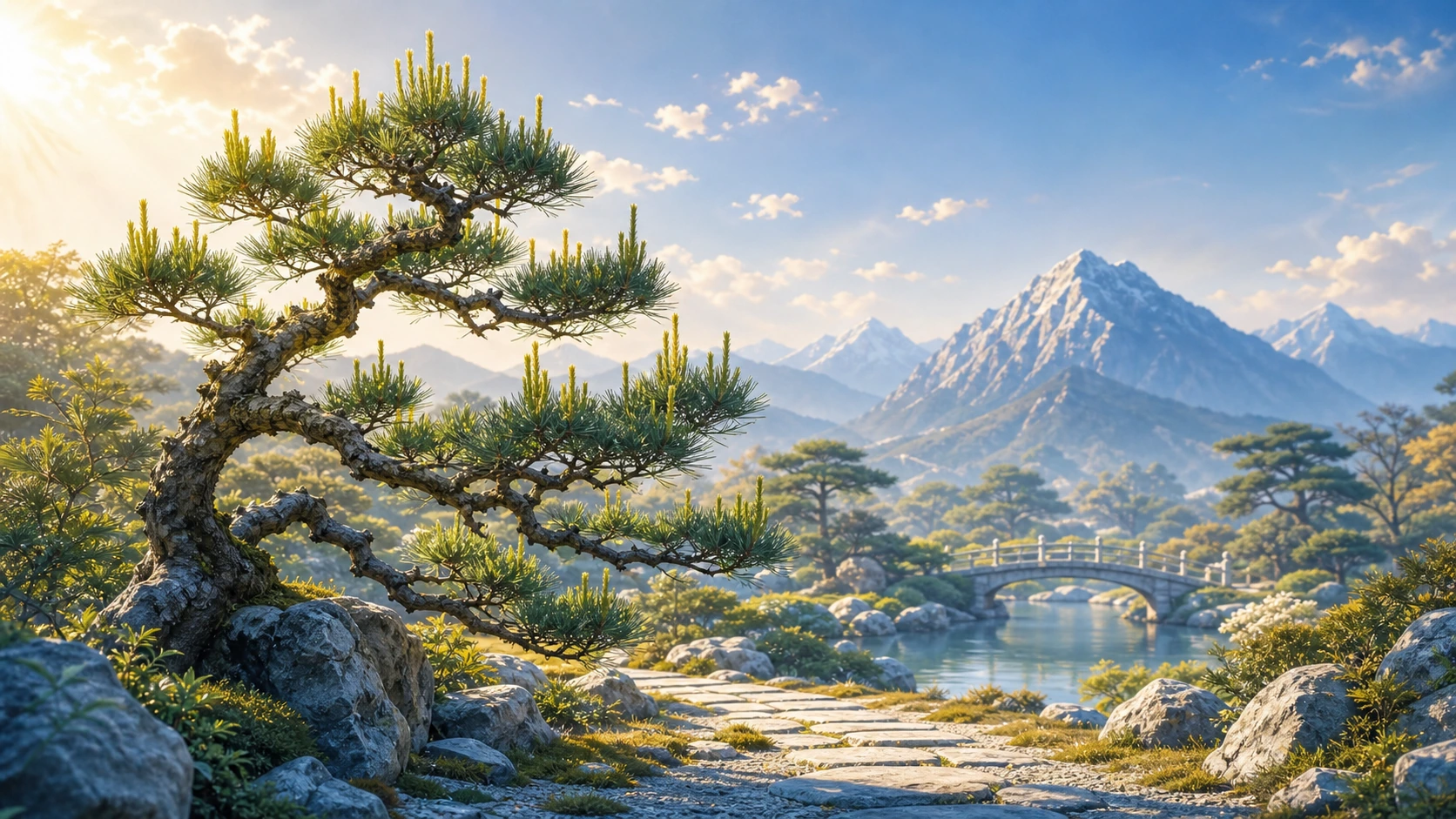 枝干盘曲的松树立在岩石与石径旁，枝头新芽直立，后方石桥跨过溪水，远山覆雪。
