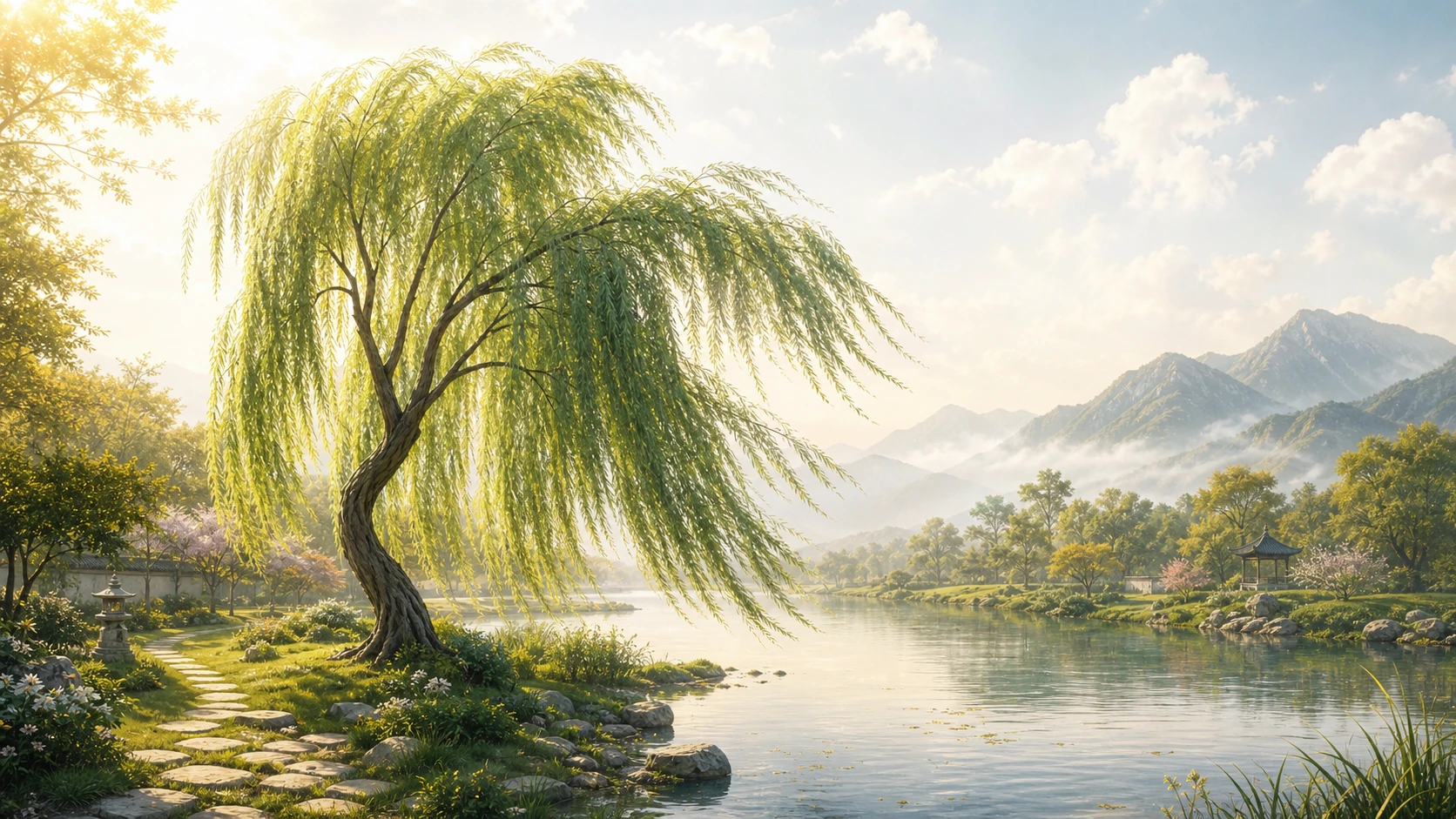湖岸垂柳伸展细长绿枝，石径绕过树根，远处亭子与群山映在水边。