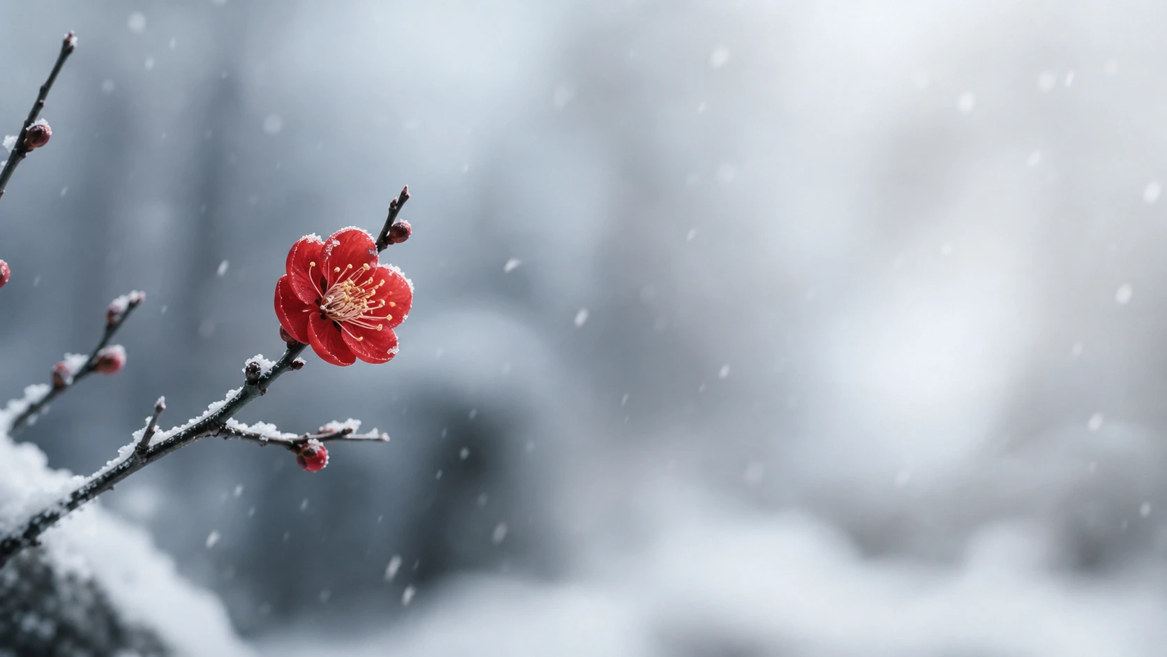 一朵红梅开在覆雪的细枝上，花瓣边缘沾着雪粒，雪花落在灰蓝色背景中。