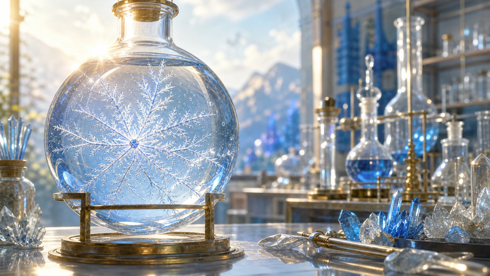 圆形玻璃瓶内展开雪花般的细密晶枝，瓶身固定在金色支架上，周围摆着蓝白晶体和玻璃器皿。