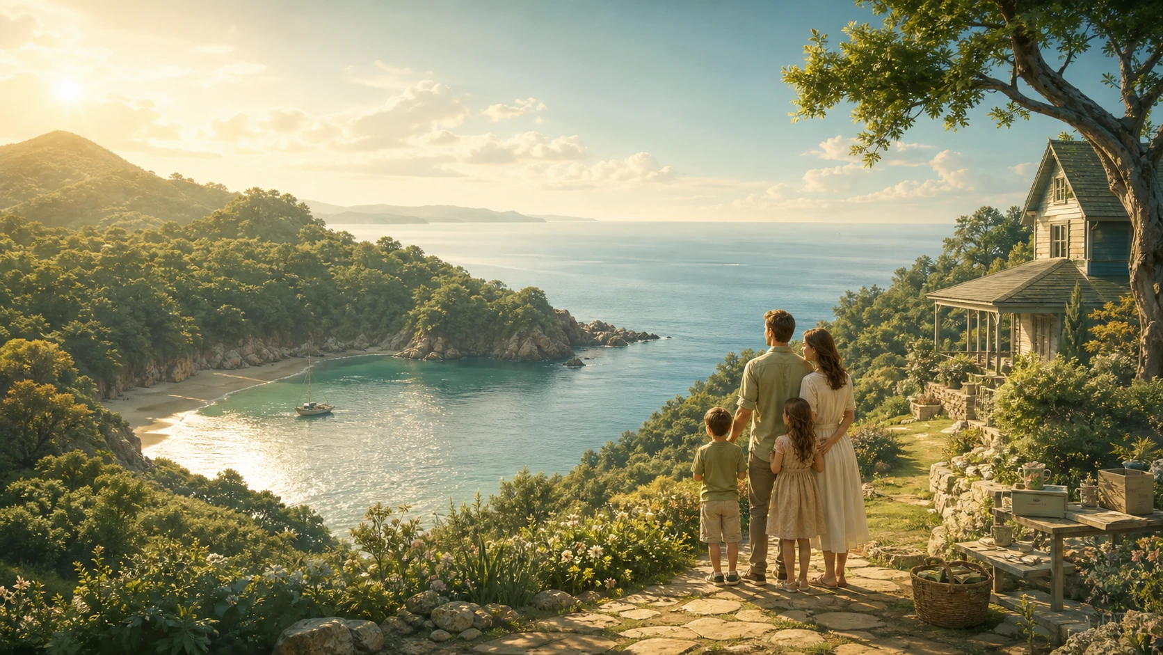 两名成人和两个孩子站在山坡木屋旁眺望海湾，阳光洒在沙滩与水面，湾内停着一艘帆船。