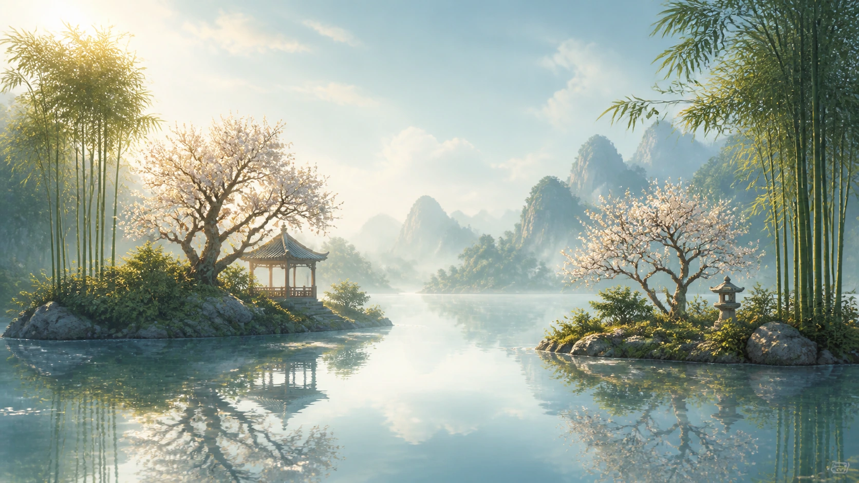 竹林与白花树长在湖中两片小岸上，左侧有亭子，右侧有石灯，远山与树影映在水中。