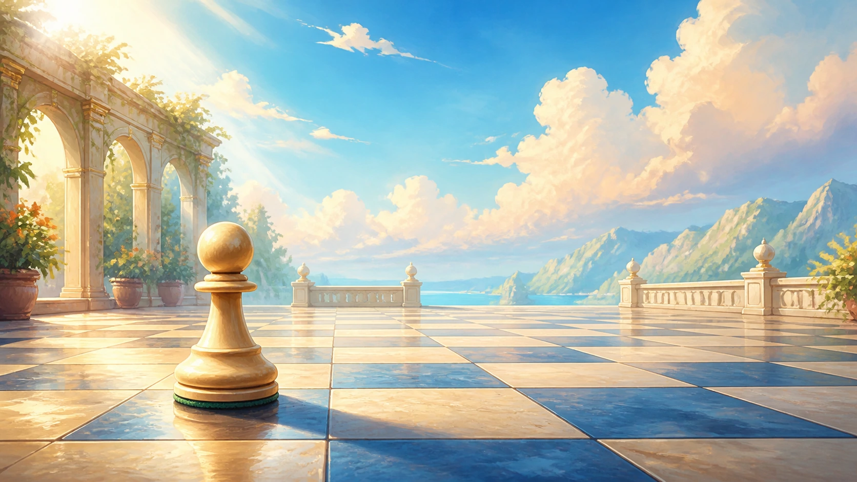 一枚浅金色国际象棋兵立在棋盘格露台上，左侧拱廊攀着绿藤，远方是海水与山峦。