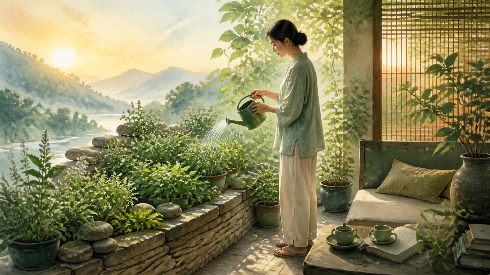 绿衣女子在临山露台上为花草浇水，身旁放着茶具和书，远处河流穿过群山